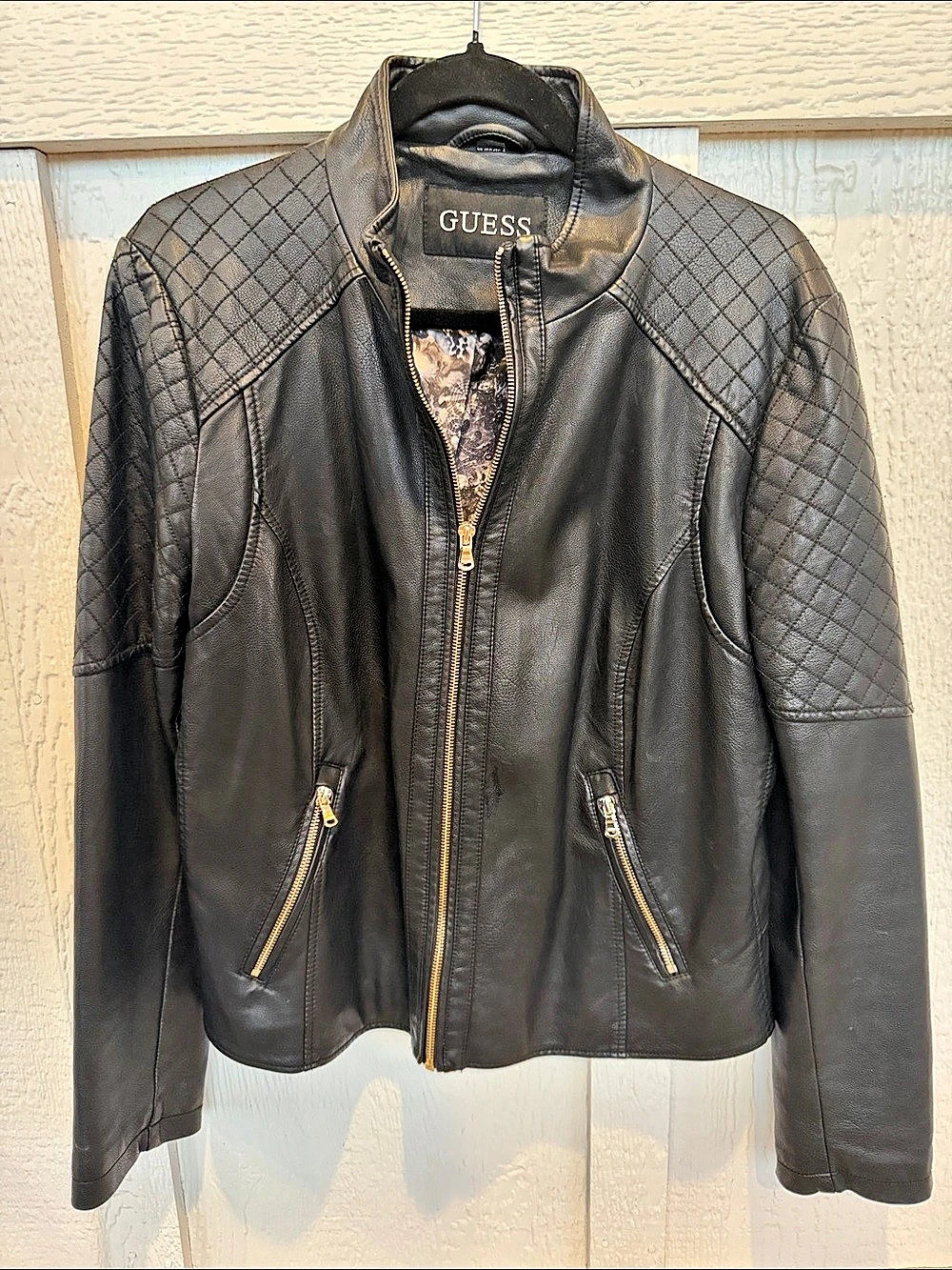 GUESS Women's Black Quilted Moto Jacket Size XL